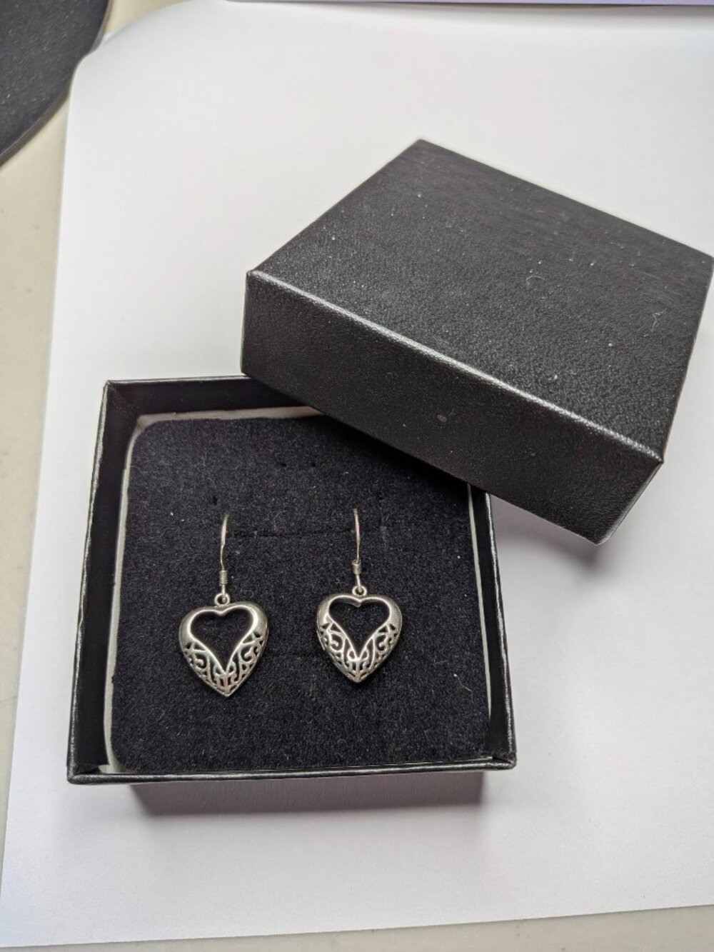 Sterling Silver Open Heart Scroll Dangle Earrings 925 Filigree 1.25"
